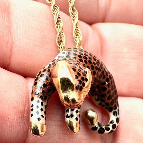 Womens Necklace 14K Gold Enamel Spotted Leopard Cougar Pendant Cheetah Cat - Picture 3 of 9